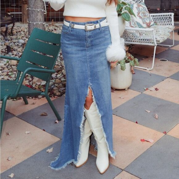 Show Me Your MuMu Blue Denim Maxi Skirt with Front Slit - Picture 2 of 12